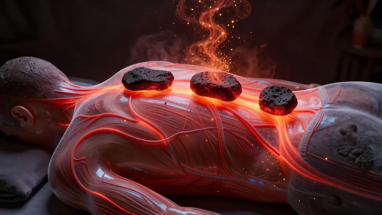Průhledný lidský trup ukazuje rozšířené cévy a teplo z lávových kamenů pronikající do svalů.