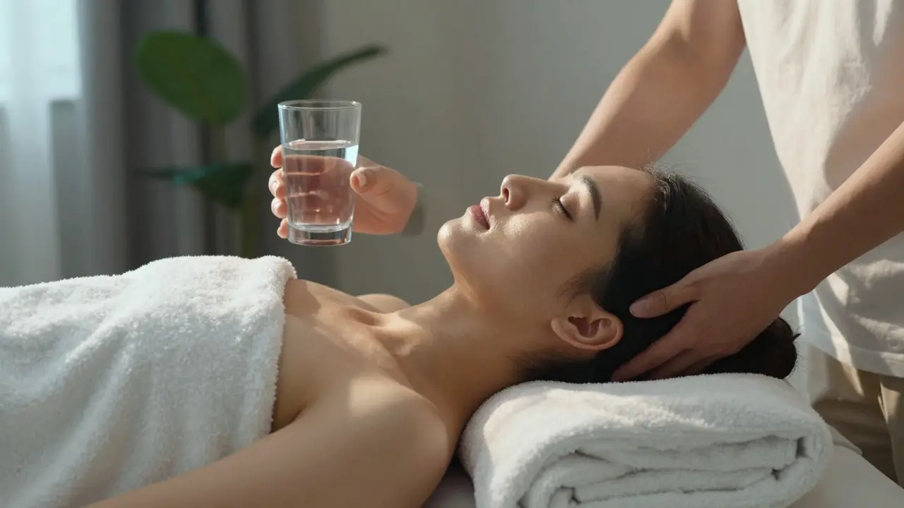 Relaxovaný člověk v ručníku s vodou po masáži