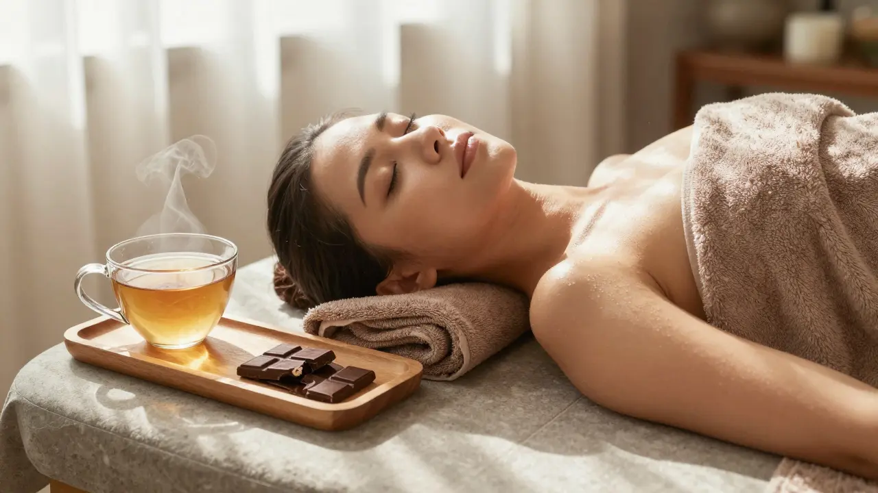 Relaxující okamžik po čokoládové masáži s teplým ručníkem a kouskem čokolády.