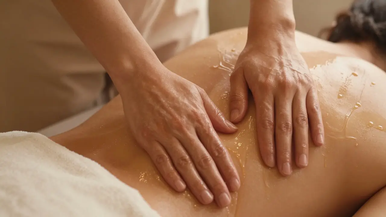 Ruce provádějící masážní techniku na zádech