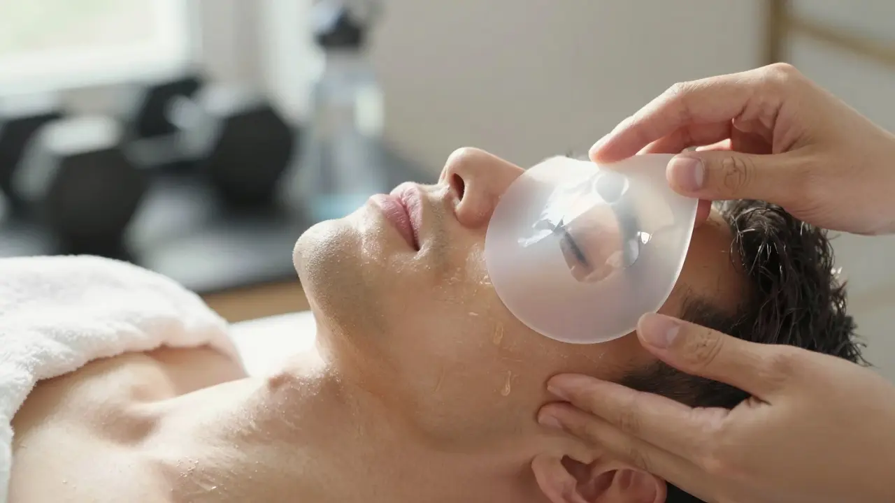 Ruka s silikonovou baňkou klouzající po čelisti muže s tenkou vrstvou oleje.