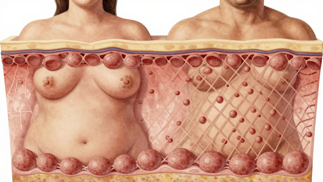 Srovnání anatomické struktury tukové tkáně u ženy a muže: svislé vs. šikmé uspořádání buněk pod kůží.