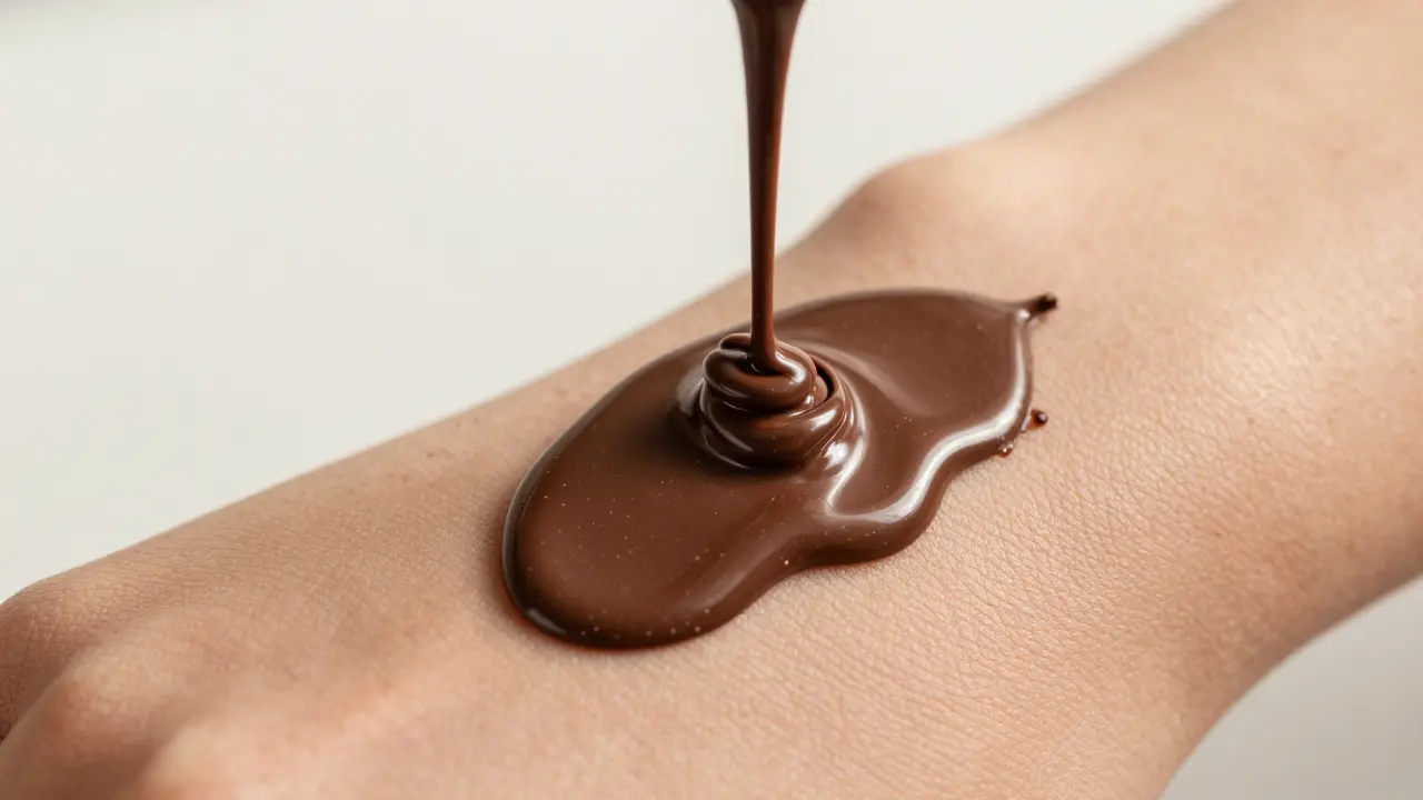 Tavená tmavá čokoláda se pomalu vstřebává do kůže předloktí.