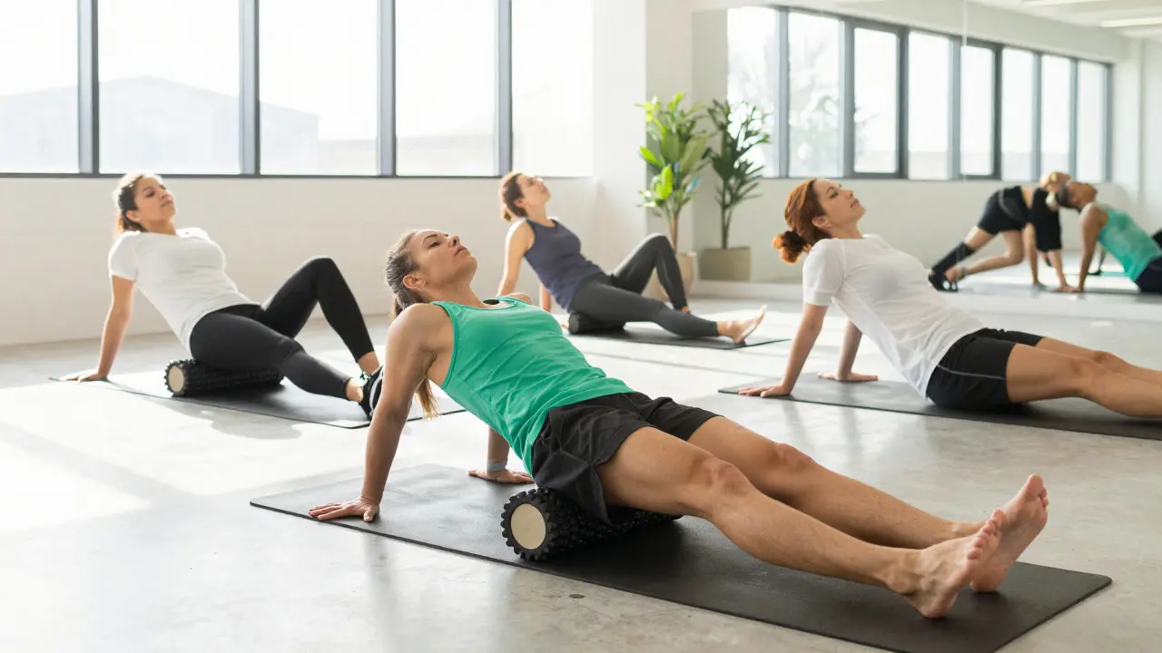 Aktivní lidé v posilovně využívající pěnový válec a protažení pro regeneraci.