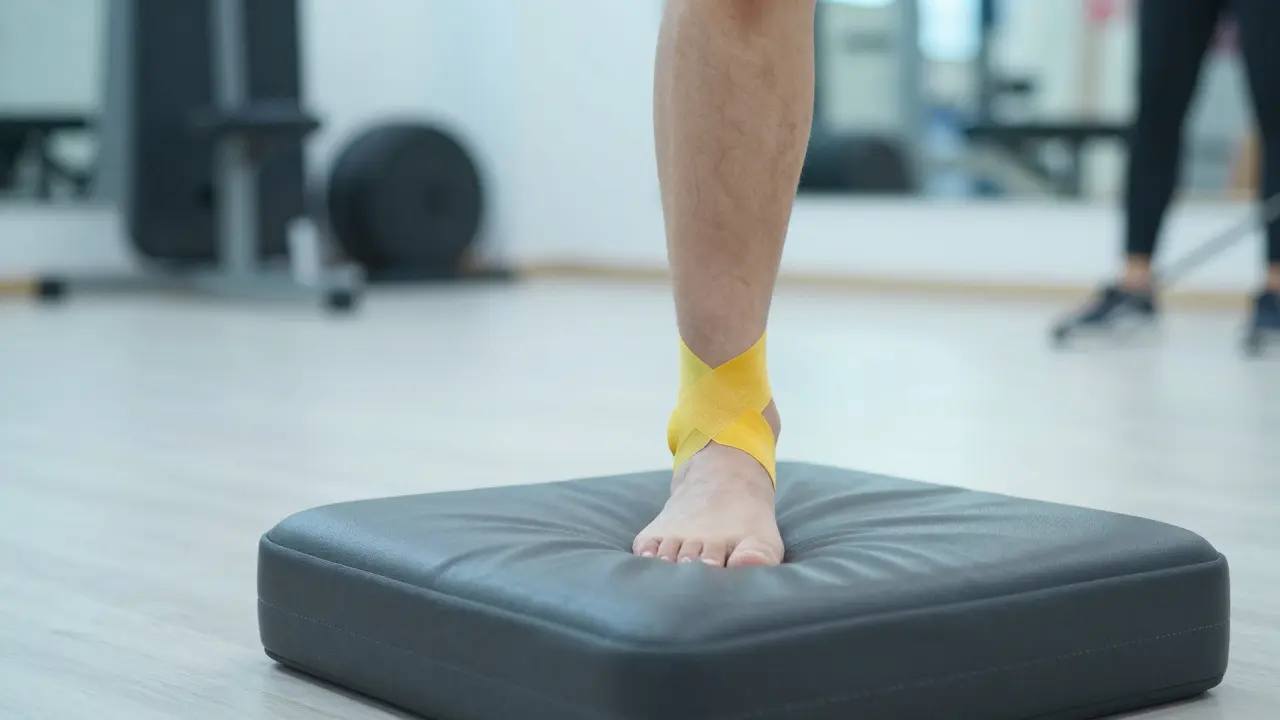 Člověk s ktejpaným kotníkem trénuje rovnováhu na nestabilním polštáři.