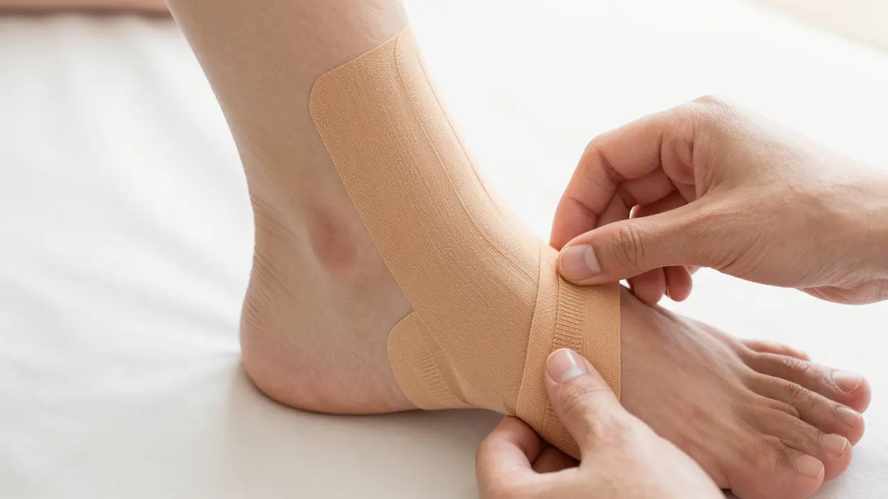 Detail aplikace kineziologické pásky v anastylu osmičky kolem kotníku a paty.