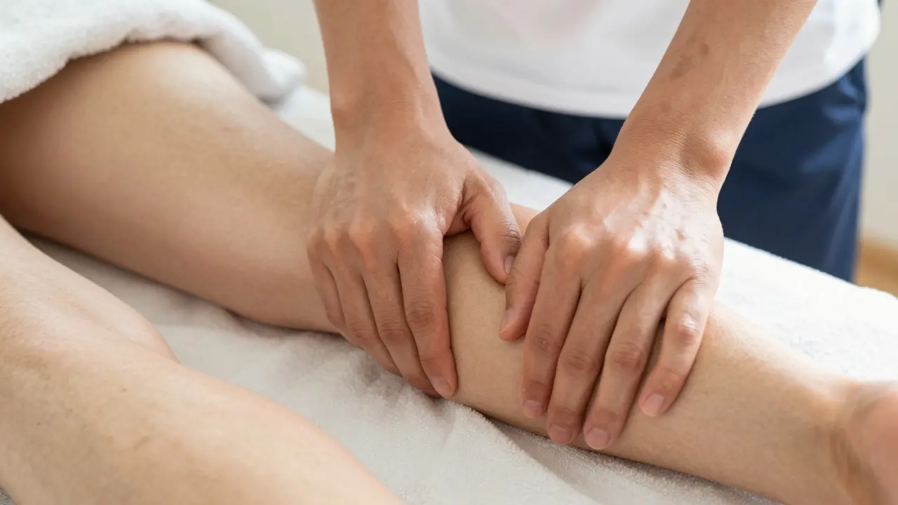 Detailní záběr rukou terapeuta při hloubkové sportovní masáži stehna sportovce.