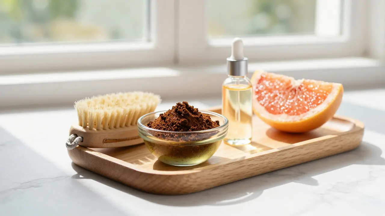 Domácí kávový peeling a kartáč s přírodními žínami na mramorovém podložce.