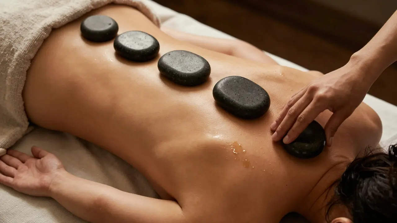 Horké lávové kameny umístěné na zádech klienta během relaxační masáže.