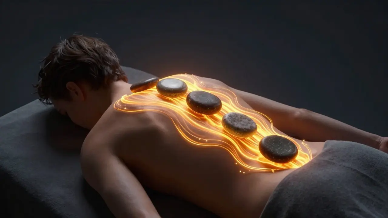 Konceptuální zobrazení hřejivé energie z lávových kamenů pronikající do zad člověka.