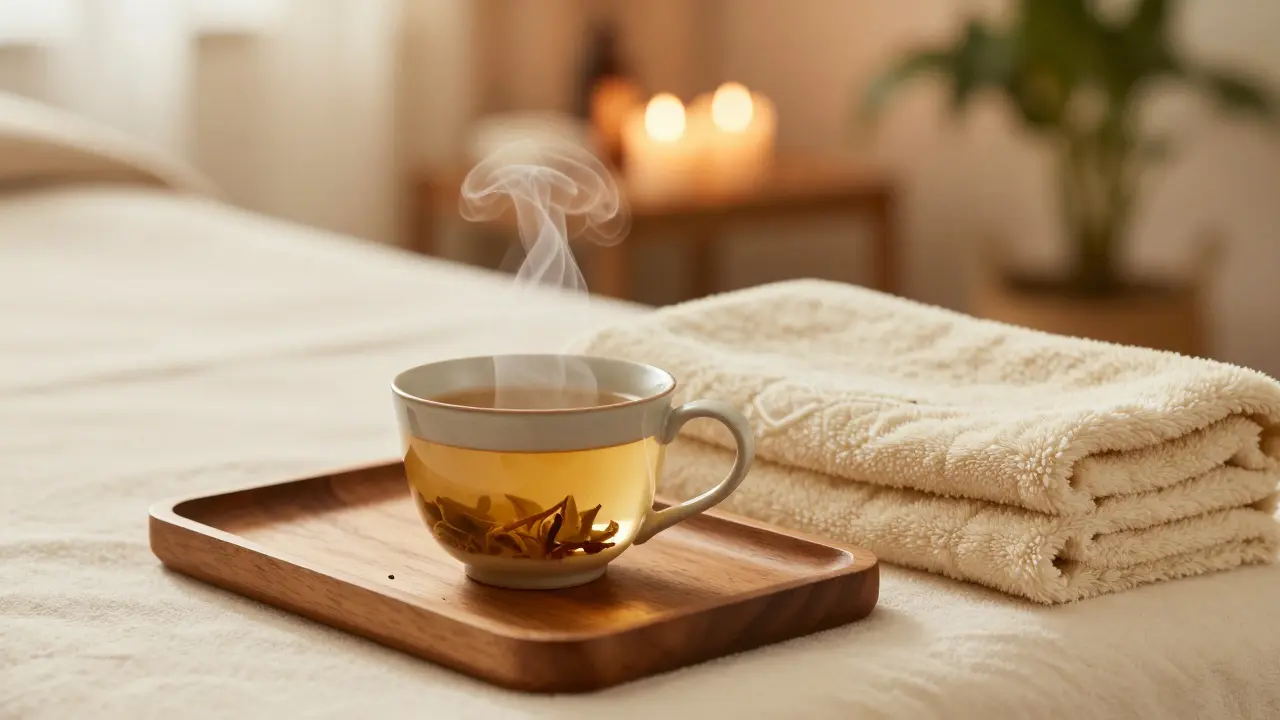 Šálek bylinkového čaje a teplá deka jako symbol regenerace po masáži horkými kameny.