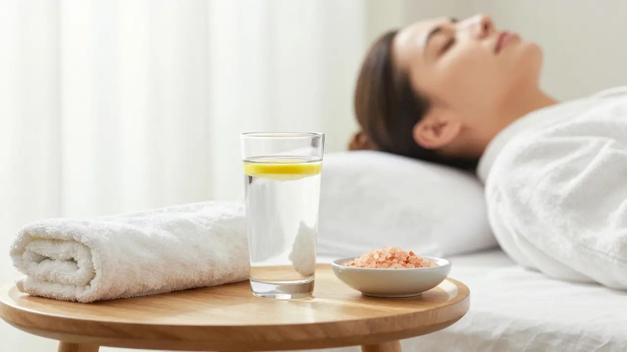 Sklenice vody a bílý ručník vedle zklidněného člověka v bílém županu.