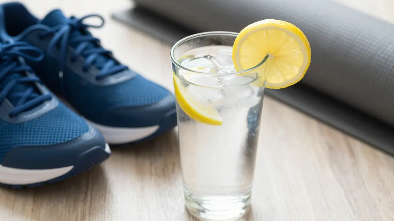 Sklenice vody s citronem, sportovní boty a jógová podložka.