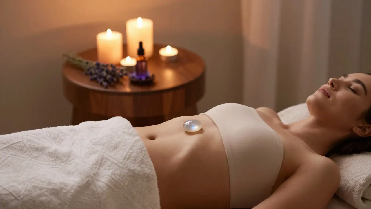 Žena relaxující doma s měsíčním kamenem na břiše a esenciálním olejem