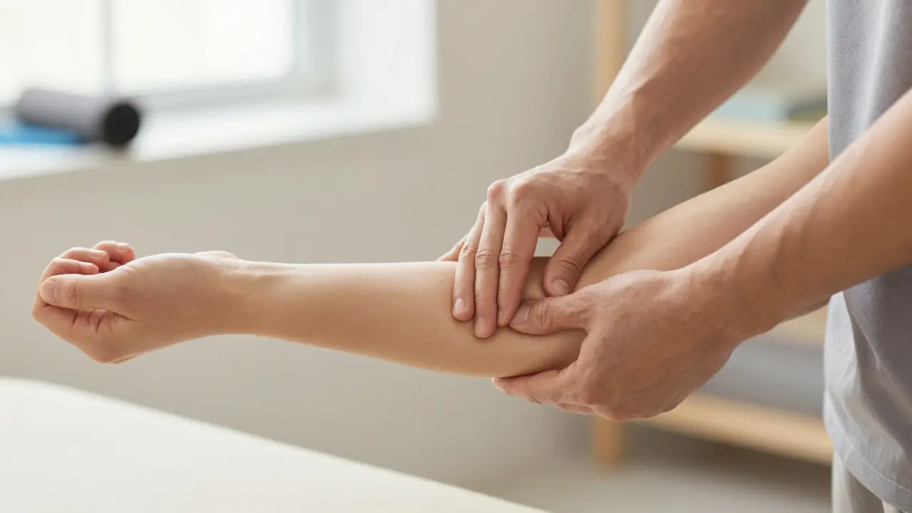 Fyzioterapeut provádí masáž proti směru vláken na předloktí pacienta