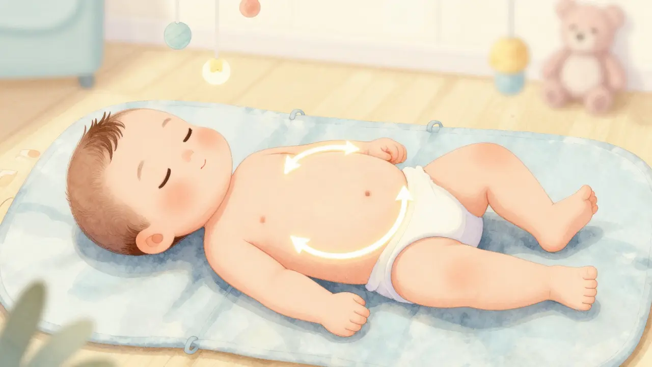 Ilustrace miminka s kruhovými pohyby kolem bříška pro lepší trávení