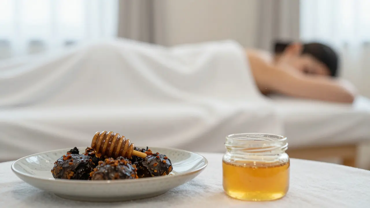 Keramická miska s tmavým medem po detoxikační masáži