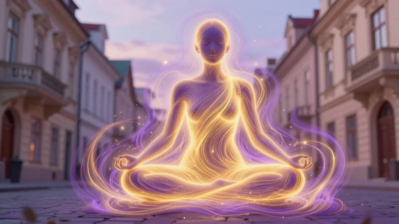 Abstraktní vizualizace energetického toku a meditativní masáže