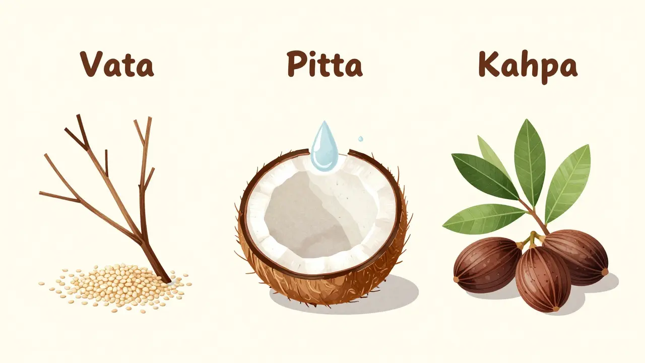 Ilustrace tří dosh: Vata, Pitta a Kapha s příslušnými oleji