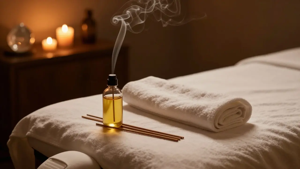 Interiépr luxusního masážního salonu s oleji a svíčkami pro relaxaci