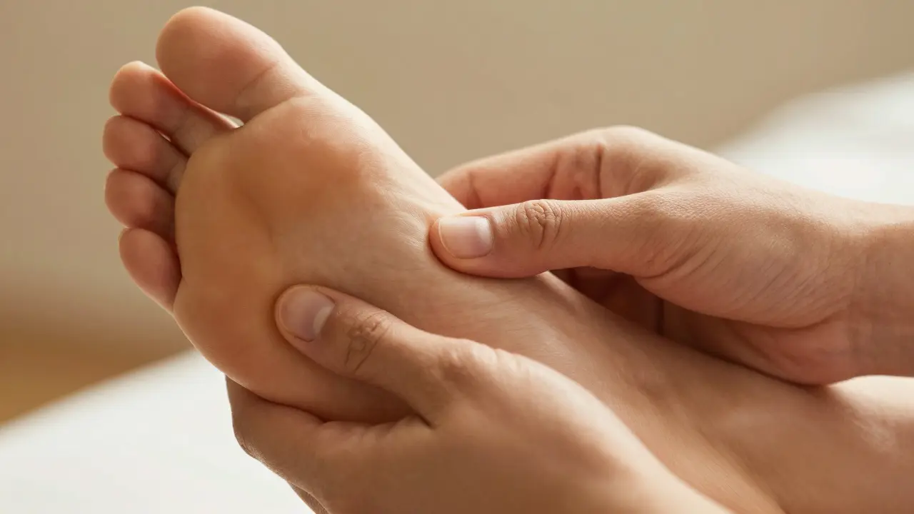 Detail rukou terapeuta pracujících na chodidle klienta