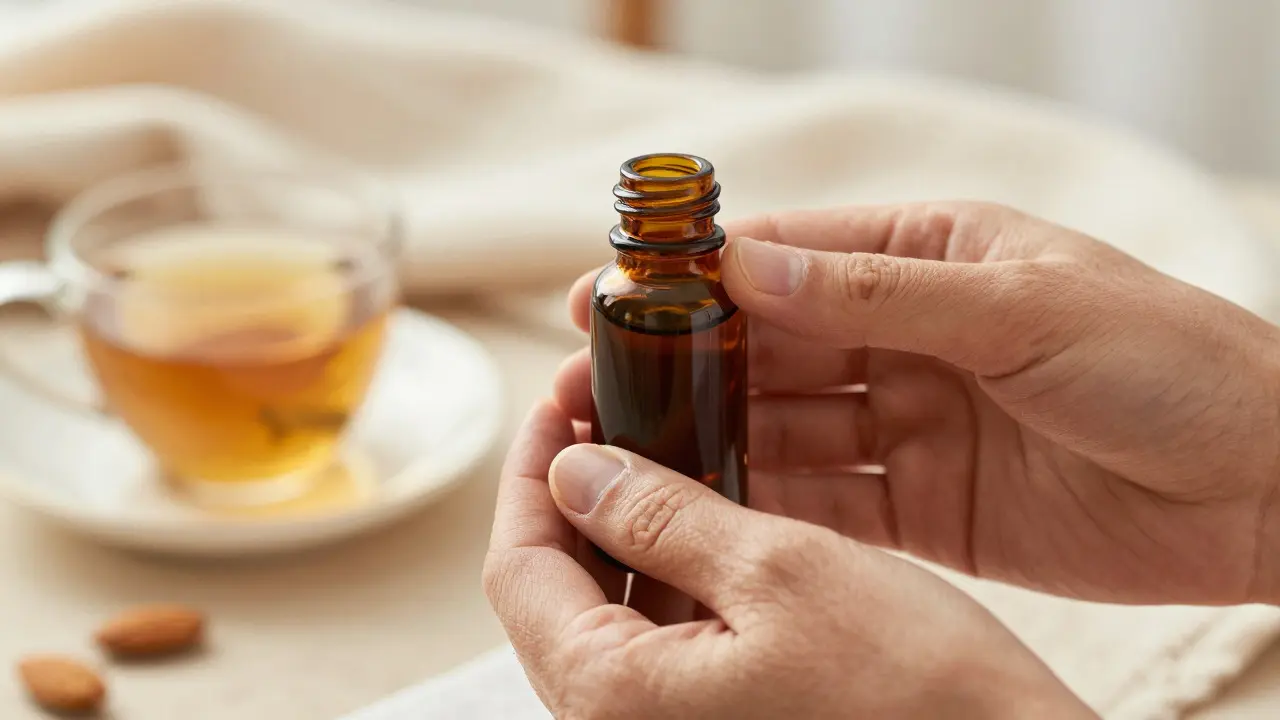 Gentle hands holding massage oil in a warm, cozy setting