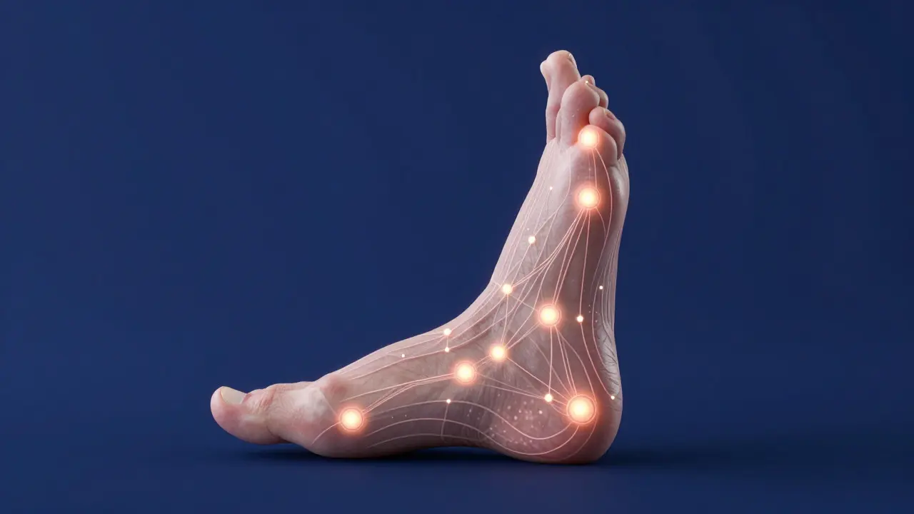 Stylized foot and hand with glowing acupressure points
