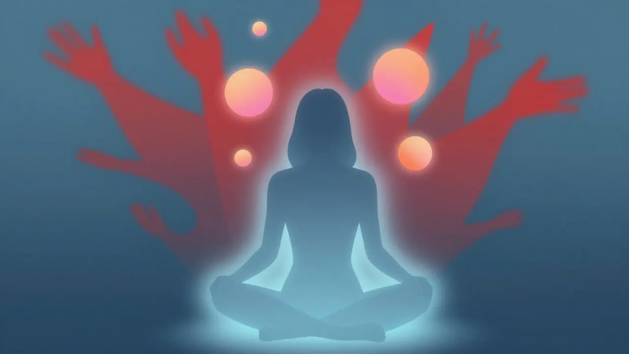 Abstraktní ilustrace přechodu od stresu k relaxaci s barevnými aurami
