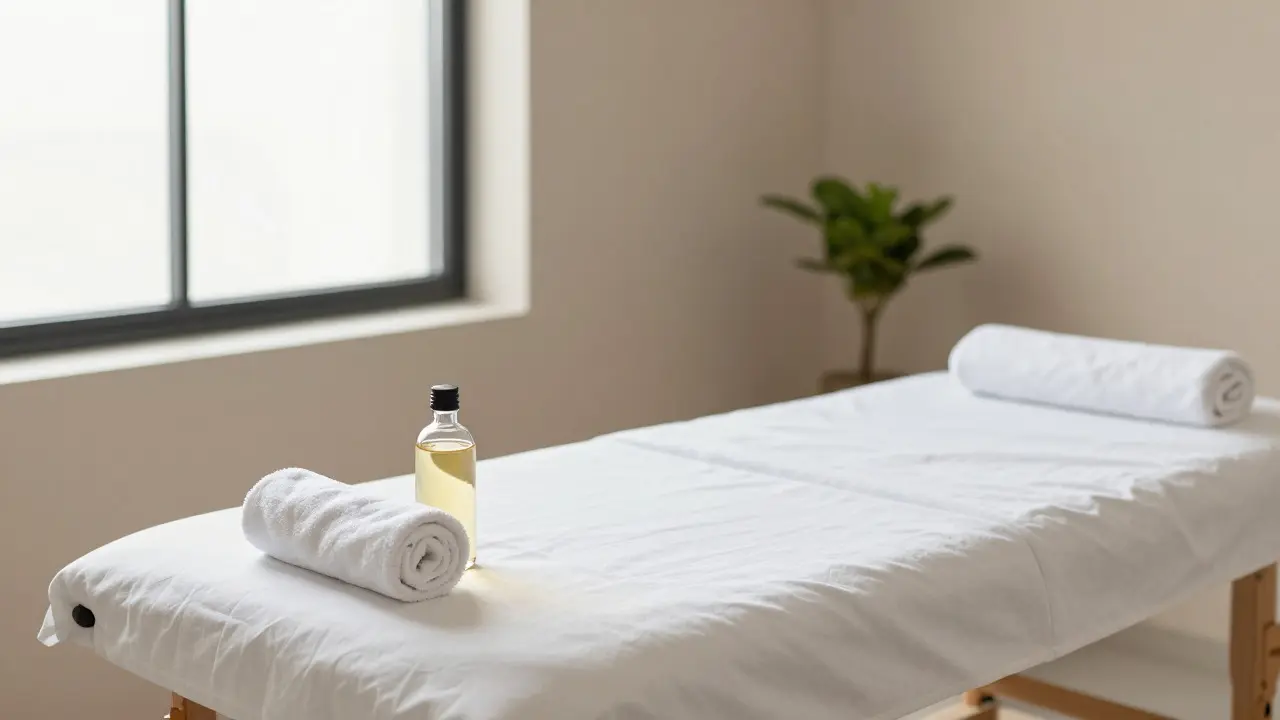 Clean massage table with oil and towels in a bright recovery room