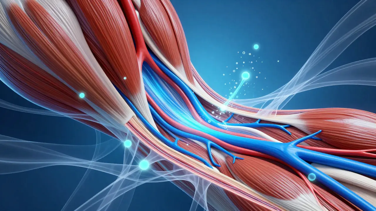 Illustration of blood flow and nutrient delivery in muscle tissue