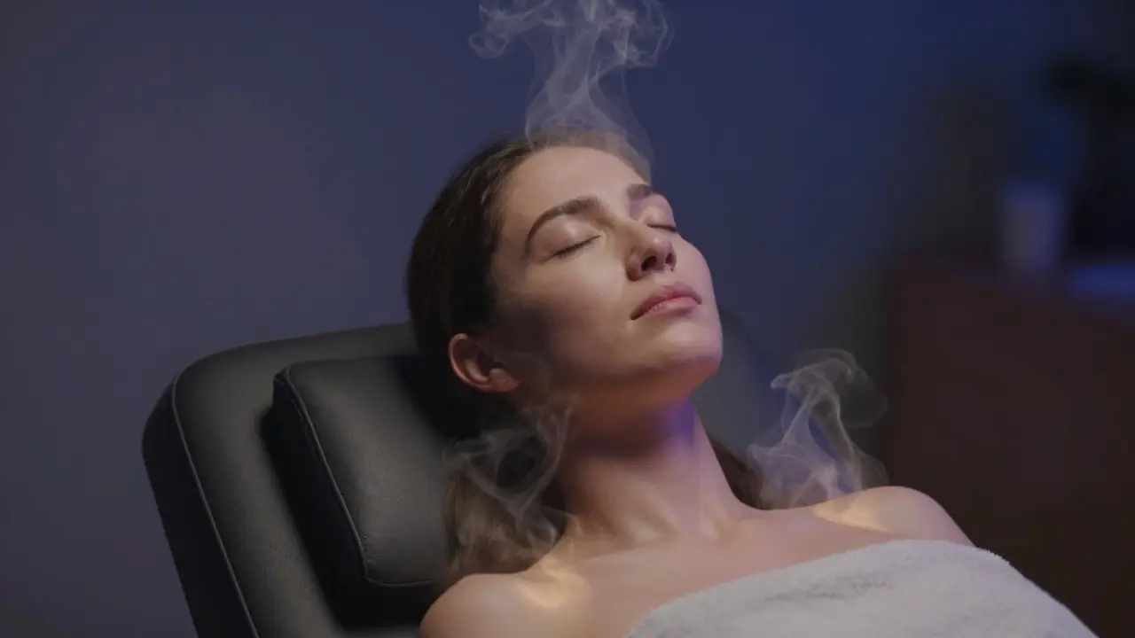 Relaxovaná osoba s zavřenýma očima po masáži v tichém prostředí
