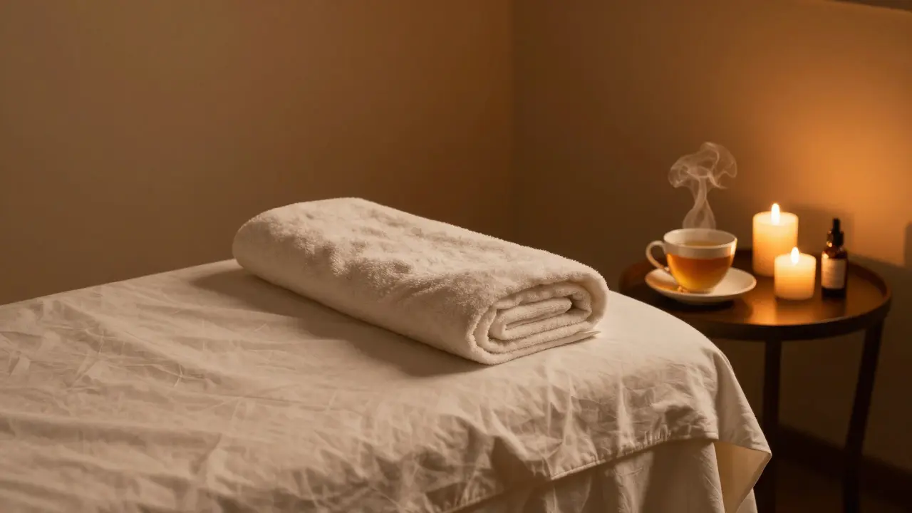Uklidňující prostředí s ručníky a čajem pro relaxaci
