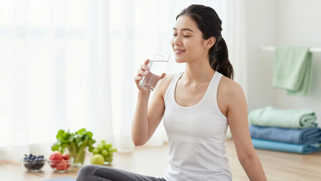 Woman drinking water and feeling refreshed in a bright, healthy home environment