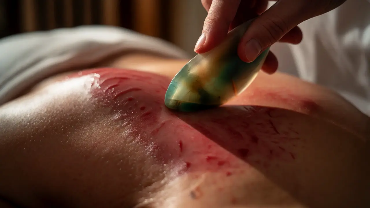 Detailní záběr na techniku Gua Sha uvolňující napětí ve svalech