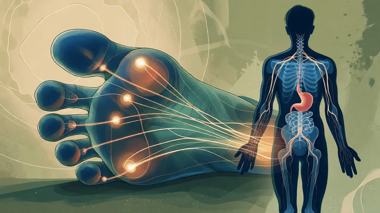 Konceptuální ilustrace propojení reflexních zón nohy s orgány těla