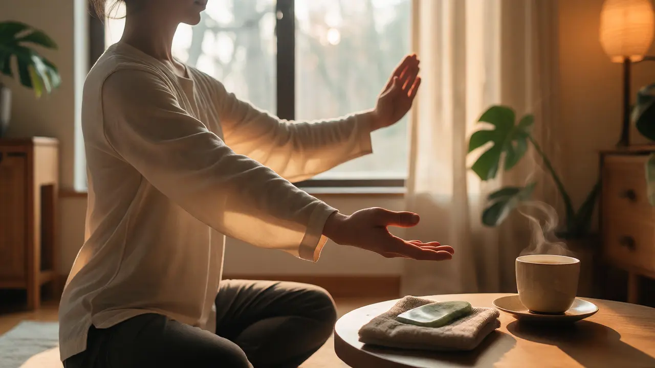 Osoba cvičí ranní Qi Gong u okna s nástrojem Gua Sha na stole.