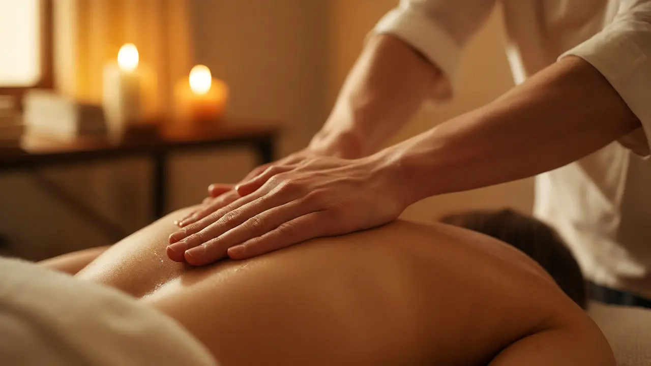 Terapeut provádějící jemnou relaxační masáž zad ve světle svíček