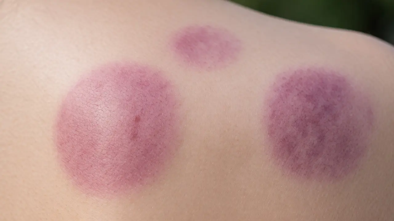Detailní pohled na kruhové stopy po baňkování na lopatce s různými odstíny fialové.