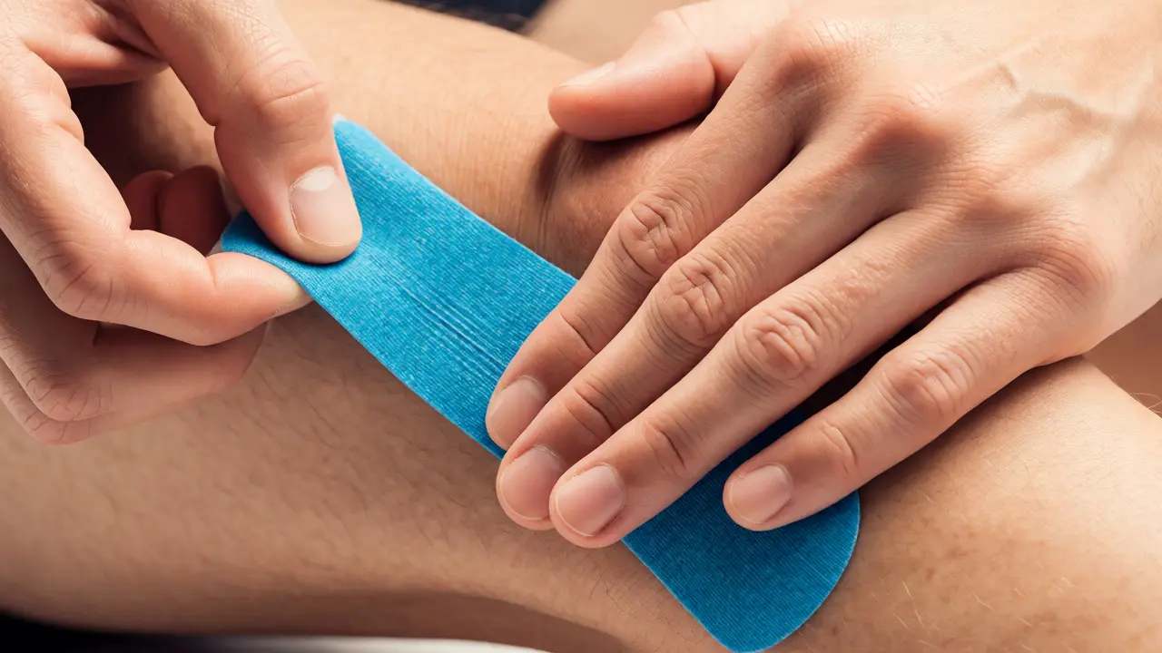 Ruce aplikují modrý kinesiotape na čéšku s důrazem na techniku lepení.